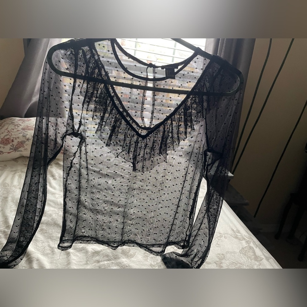Black Sheer Mesh Ruffle Neck Swiss Dot Blouse‎ Large Victorian Goth Vamp Witch